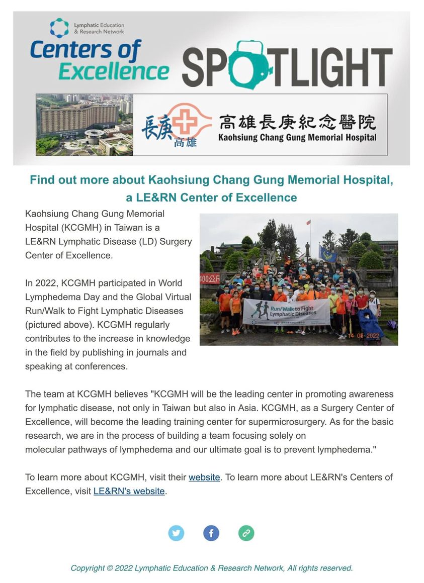 很榮幸能身為LE&RN一員，能在台灣以手術卓越中心來推廣對於淋巴相關疾病的衛教。